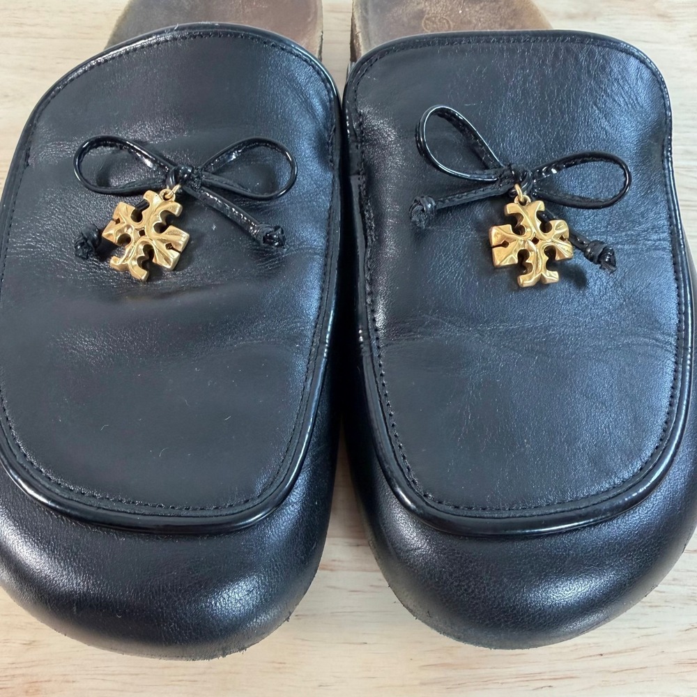 Tory Burch Charm Mules Women's Black Leather Slip-On Round Toe Comfort - 9 - Picture 3 of 12